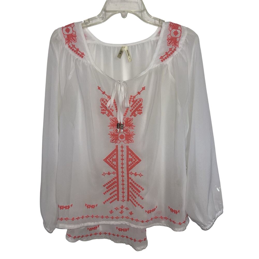 Truth nyc Sheer White Coral Embroidered Boho Blouse Large Hippie Swim Cover Up